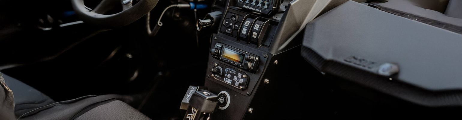 Vehicle-specific UTV radio and intercom mounts for clean dash fit