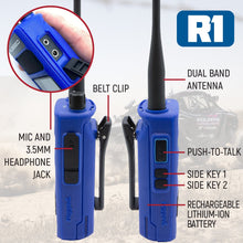 Load image into Gallery viewer, R1 handheld radio features belt clip, mic and headphone jack, dual band antenna, push-to-talk, side keys, and rechargeable battery